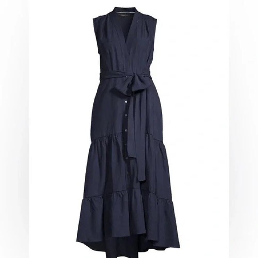 KOBI HALPERIN Sz L MSRP $398 Anna Tiered Linen Blend Midi Dress Navy Tie Back